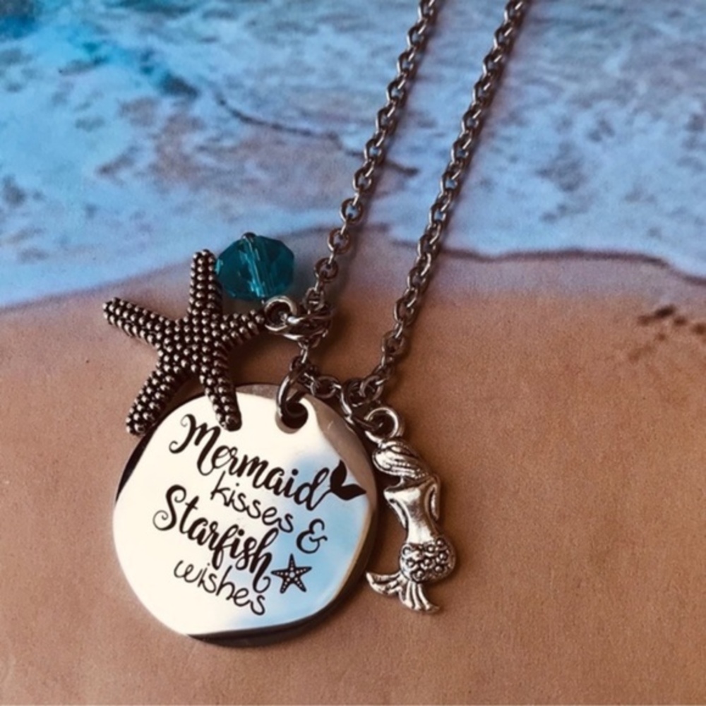 Mermaid Kisses and Starfish Wishes Necklace, 18' Silvertone necklace with 2" ext